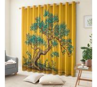 Thermal Insulated Blackout Mustard Yellow Curtains, Darkening Eyelet Window Drapes Chinese Traditional Plant Oil Painting for Bedroom Living Room and Office Decor - 46.1" x 72.0" (W x L), 1 Pair