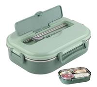 Thermal Lunch Box, 4-Compartment Stainless Steel Lunch Box with Soup Bowl & Utensils, Ealing Food Containers with Buckles for School Office, Green.