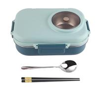 Thermal Lunch Box, Leak Proof Bento Lunch Box, 1100ml Double Layer 3 Grid Design Meal Prep Containers 304 Stainless Steel Bento Box with Chopsticks Spoon Soup Bowl (Blue)