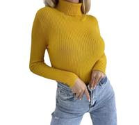 Thermal Polo Neck Tops Women Long Sleeve Basic Stretch Ribbed Polo Neck Top Ladies Slim Fit Lightweight Thermal Turtleneck Sweater Pullover Autumn Winter Plain Fitted Base Layer Undershirt Yellow