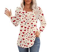 Thermal Shirt for Women Loose Blouse Valentines Tops Womens Love Heart Print Shirt Spring Long Sleeve Round Neck Pleated Tops Blouses Cute Outfits Base Layer Tee for Workout Daily Life (Khaki, L)
