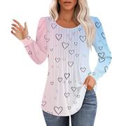 Thermal Shirt for Womne Basic Valentines Tops Women Love Heart Print Shirt Spring Long Sleeve Round Neck Pleated Tops Blouses Cute Outfits Base Layer Tee for Workout Daily Life Xmas (Light Blue, S)