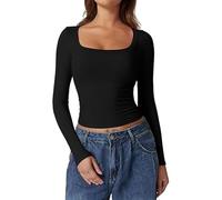 Thermal Tights Women's Long Sleeve T-Shirts Slim Fit Going Out Tops Double Lined Basic Tee Cloud, black, XS
