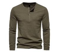 Thermal Top for Men with Long Sleeve and Henley Neck Cotton Blend Men's All Season Solid Color T Shirt Casual Breathable Gym Top with Four Button Slim Fit Base Layers for Running Work,Green,XL