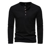 Thermal Top for Men with Long Sleeve and Henley Neck Cotton Blend Men's All Season Solid Color T Shirt Casual Breathable Gym Top with Four Button Slim Fit Base Layers for Running Work,Black,S