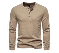 Thermal Top for Men with Long Sleeve and Henley Neck Cotton Blend Men's All Season Solid Color T Shirt Casual Breathable Gym Top with Four Button Slim Fit Base Layers for Running Work,Khaki,XL