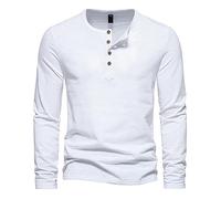Thermal Top for Men with Long Sleeve and Henley Neck Cotton Blend Men's All Season Solid Color T Shirt Casual Breathable Gym Top with Four Button Slim Fit Base Layers for Running Work,White,XL