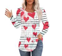 Thermal Tops for Women Basic Shirt Valentines Tops Women Love Heart Print Shirt Spring Long Sleeve Round Neck Pleated Blouses Cute Outfits Base Layer Tee for Workout Daily Life Xmas Gifts (Pink, XL)