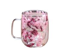 Thermal Tumbler - Double Wall Beverage Container, Clear Body Containing Dried Flowers, Handle Cup, Insulated Glasses, Crystalline Design for Heat Protection, Degus