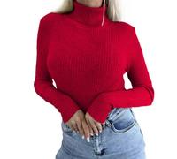Thermal Womens Top Long Sleeve Basic Stretch Ribbed Polo Neck Top Ladies Slim Fit Lightweight Thermal Turtleneck Sweater Pullover Autumn Winter Plain Fitted Base Layer Undershirt Red