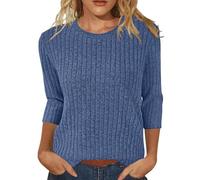 Thermal Zip Sweater Thermal Outer Layer Thermal Women's Autumn Solid Color Round Neck Strip Bottom Loose Casual Seven Quarter Sleeve Top Thermal Hoodie with Stretch (Blue, S)