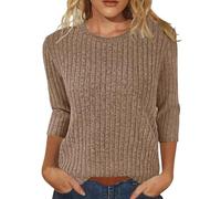 Thermal Zip Sweater Thermal Outer Layer Thermal Women's Autumn Solid Color Round Neck Strip Bottom Loose Casual Seven Quarter Sleeve Top Thermal Hoodie with Stretch (Khaki, S)