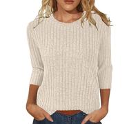 Thermal Zip Sweater Thermal Outer Layer Thermal Women's Autumn Solid Color Round Neck Strip Bottom Loose Casual Seven Quarter Sleeve Top Thermal Hoodie with Stretch (Beige, S)
