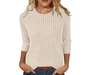 Thermal Zip Sweater Thermal Outer Layer Thermal Women's Autumn Solid Color Round Neck Strip Bottom Loose Casual Seven Quarter Sleeve Top Thermal Hoodie with Stretch (Beige, S)