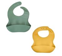 THERMOBABY - Pack of 2 Soft Silicone Baby Bibs with Crumb Catcher Pocket - Adjustable & Easy to Clean - Ideal for Meal Times, Practical and Waterproof (Cactus Green & Honey Yellow)