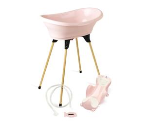 THERMOBABY - Vasco 5-in-1 Baby Bath Set - Bath, Wooden Foot, Drain Hose, Bath Deckchair, Thermometer - Blush Pink - Foldable & Stable - Made in France