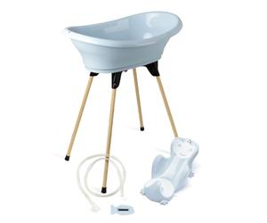 THERMOBABY - Vasco 5 in 1 Baby Bath Set - Wooden Foot, Drain Hose, Bath Deckchair, Thermometer - Blue Flower - Foldable & Stable - Made in France
