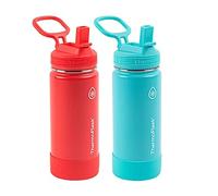ThermoFlask 16oz Stainless Steel Water Bottle, 2-Pack, Red and Aquamarine
