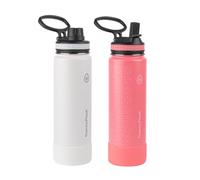 Thermoflask 24 oz Bottle with Spout and Straw Lid - Stainless Steel, Double-Wall Insulation & BPA-Free - Leakproof, Resuable - White/Coral (2 Pack)