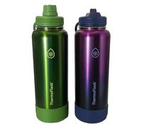 ThermoFlask 40 oz Bottle with Spout and Straw Lid - Stainless Steel, Double-Wall Insulation & BPA-Free - Leakproof, Resuable - Forest Green/Purple Sunset (2 Pack)