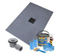 Thermopanel Centre Square Drain Wet Room Shower Tray Former - 1200 X 1000 X 20mm - Matte Black Spiral Grate Design And Tanking Kit