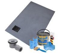 Thermopanel Corner Square Drain Wet Room Shower Tray - 1000 X 1000 X 20mm - Matte Black Sunburst Grate And Tanking Kit