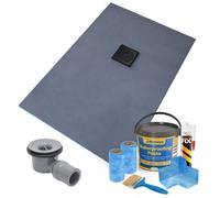 Thermopanel Offset Square Drain Wet Room Shower Tray Former - 1200 X 1200 X 20mm - Matte Black Spiral Grate Design And Tanking Kit