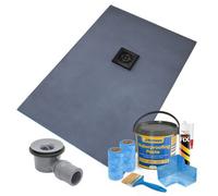Thermopanel Offset Square Drain Wet Room Shower Tray Former - 1800 X 900 X 25mm - Matte Black Radial Grate Design And Tanking Kit