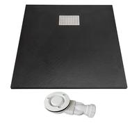 Thermopanel SMC Black Shower Trays Base Slate Stone Effect Textured Non Slip with Low Profile Waste and Stainless Steel Cover - 1500 x 800mm