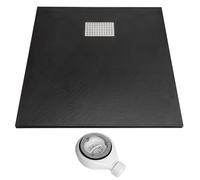 Thermopanel SMC Black Shower Trays Base Slate Stone Effect Textured Non Slip with Waste and Stainless Steel Cover - 1400 x 700mm