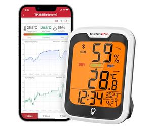 ThermoPro TempPro TP358 Bluetooth Hygrometer Room Thermometer with Built-in Clock, Swiss-made Sensor Indoor Thermometer with Backlit and Notification Alert Ideal for Baby Room, Greenhouse, Office and
