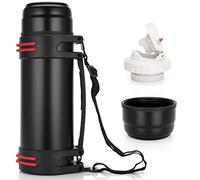 Thermos Flask for On the Go, Double Wall Stainless Steel Insulated Flask with 2 Cups, Large Camping or Hiking with Robust Handle & Carry Strap, 24 Hours Hot & Cold (1 L)