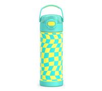 Thermos FunTainer Vacuum-Insulated Stainless Steel Bottle, 16 oz Wide Spout Lid, Wavy Checkers Teal