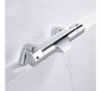 Thermostatic Bath Shower Mixer Deck Mounted Bath Shower Mixer Tap with Waterfall Bath Filler Spout, 38℃ Safety Anti-Scald Thermostatic Shower Mixer Taps Valve Solid Brass, Chrome, 180mm