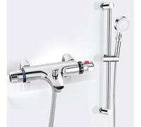 Thermostatic Bath Shower Mixer Tap with Shower Riser Kit, Deck Mounted Bath Shower Mixer Bar Set, Bath Taps with Bathtub Filler Spout, 38°C Anti Scald, Modern Chrome, 180mm