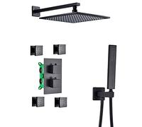 Thermostatic Black Rain Shower System with 4 Body Spray Jets Wall Mounted Shower Faucet Set Brass Mixer Shower Head & Handheld Shower Combo for Ultimate Spa Experience
