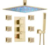 Thermostatic Brass Brushed Gold 10-16 Inch LED Ceiling Rainfall Rain Head System with 6 PCS Body Jets Mixer and Handheld Luxury Set,10 Inch