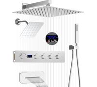 Thermostatic Dual Shower System with 12" & 8" Square Heads Full Body Rainfall Shower Set Handheld Spray & Waterfall Tub Spout Digital Temperature Display Chrome Finish
