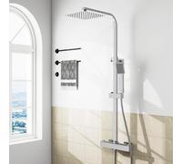 Thermostatic Mixer Shower Set, Square Bathroom Thermostat Shower System with Adjustable Height 8" Overhead Rainfall Shower Head and Handheld Shower
