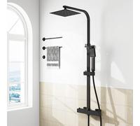 Thermostatic Mixer Shower Set, Square Bathroom Thermostat Shower System with Adjustable Height 8" Overhead Rainfall Shower Head and Handheld Shower