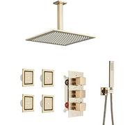Thermostatic Rainfall Shower System Brushed Gold Shower Faucet Set Wall-Mounted Rain Mixer Shower Combo Set 3-Ways Shower Fixture with Rain Shower HEA,Showerheads