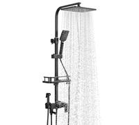 Thermostatic Shower Column System With Thermostatic Mixer,Height Adjustable Shower Set,Wall Mounted Shower Set,Square Hand Shower,Anti-Burning (Black-Four Speed)