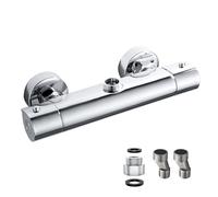 Thermostatic Shower Mixer Bar Top Outlet 3/4" BSP, Solid Brass Thermostatic Shower Mixer Valve 38°C Anti Scald, with 3/4" to 1/2" BSP Pipe Adaptor, Hot & Cold Water Mixer Tap, Chrome, Wall Mounted
