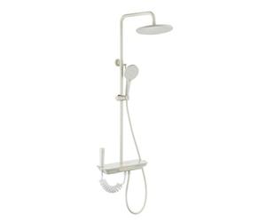 Thermostatic Shower Mixer Set Adjustable Height Piano Key Design Milkywhite | 4 in 1 Bath Shower Mixer Taps with Waterfall Tub Spout, Mounting Hole Distance 13.5-16.5Cm, Complete Accessories