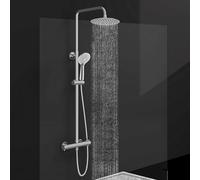 Thermostatic Shower Mixer Set Chrome, Round 38 °C Thermostat Shower System with 20cm Rainfall Shower Head, Handheld Shower, Anti Scald Shower Mixer Bar Kit, Adjustable Height