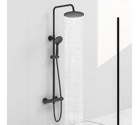 Acezanble Thermostatic Shower Mixer Set Matte Black, Round 38 °C Thermostat Shower System with 20cm Rainfall Shower Head, Handheld Shower, Anti Scald Shower Mixer Bar Kit, Adjustable Height