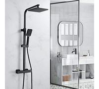 Thermostatic Shower Mixer Set, NewEast Matte Black 38 °C Square Thermostat Shower System for Bathroom with 8" Rainfall Shower Head and Handheld Shower