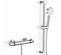 Thermostatic Shower Mixer Set, Shower Mixer Tap with Adjustable Riser Kit | Thermostatic Shower Bar Wall Mounted 150mm, 38°C Safety Lock Anti Scald, Mixer Shower Chrome Modern Brass, 1.5m Shower Hose