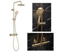 Thermostatic Shower Mixer with Round 200mm Rainfall Head, Fixed Adjustable Rail Kit, Exposed Design, Multi-Function Handset Included - Brushed Brass