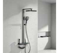 Thermostatic Shower Riser Rail Kit 4 Function Wall Mounted Gun Gray | Waterfall Bath Shower Mixer Tap with Shelf and Piano Key, The Hand Shower Can Be Raised and Lowered By 60Cm